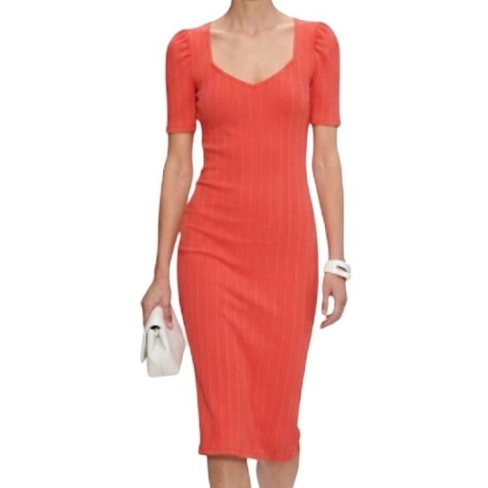 Nine West Ribbed Sweetheart Puff Sleeve Bodycon Midi Dress Coral Orange Medium